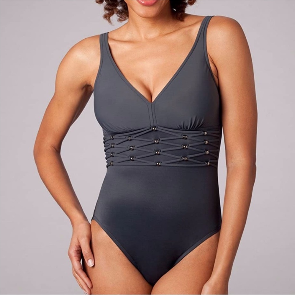 Magicsuit Women's One Piece Gray Beaded Accent Swim Suit 10